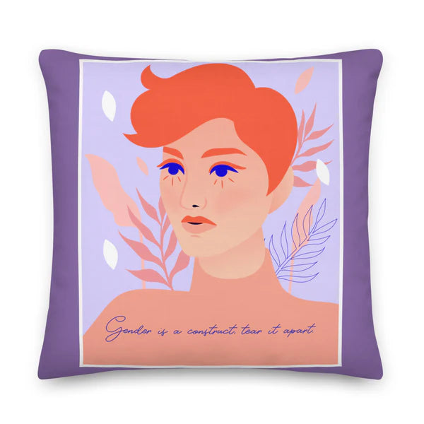 Gender Expression Throw Pillow – Purple Cushion with Bold Portrait & “Gender Is a Construct” Quote – LGBTQ Pride Home Décor