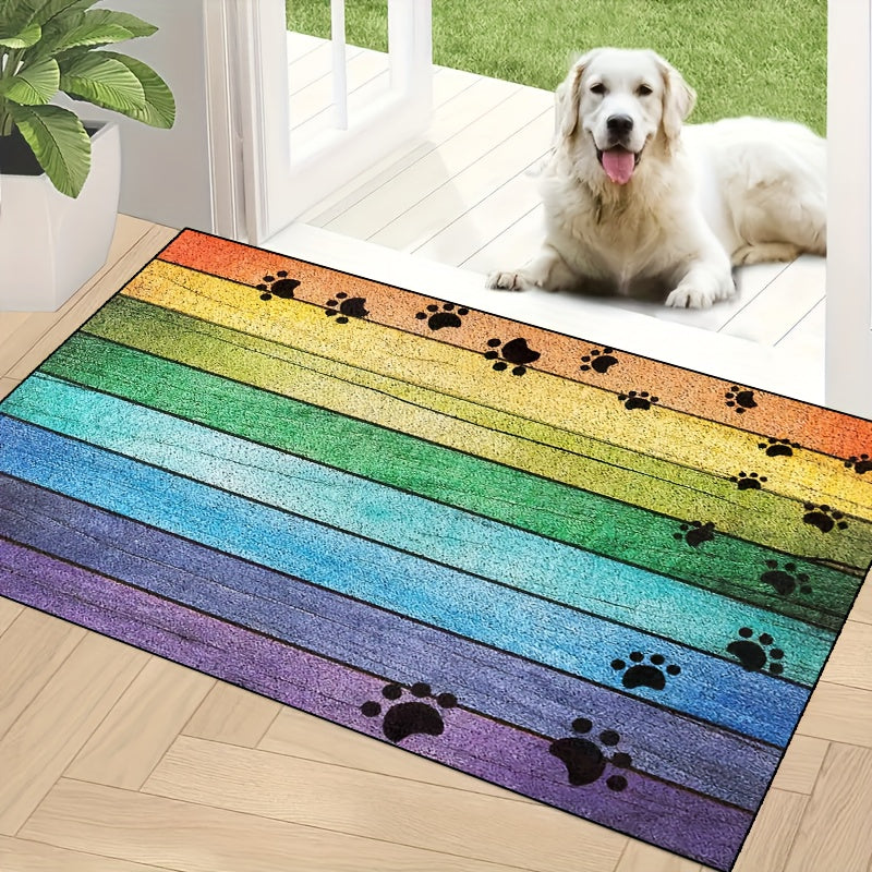 Rainbow Paw Print Wood Grain Welcome Doormat – Non-Slip, Washable, Absorbent