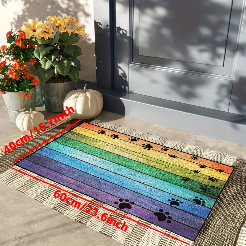 Rainbow Paw Print Wood Grain Welcome Doormat – Non-Slip, Washable, Absorbent