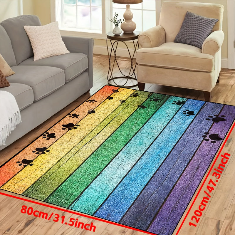 Rainbow Paw Print Wood Grain Welcome Doormat – Non-Slip, Washable, Absorbent