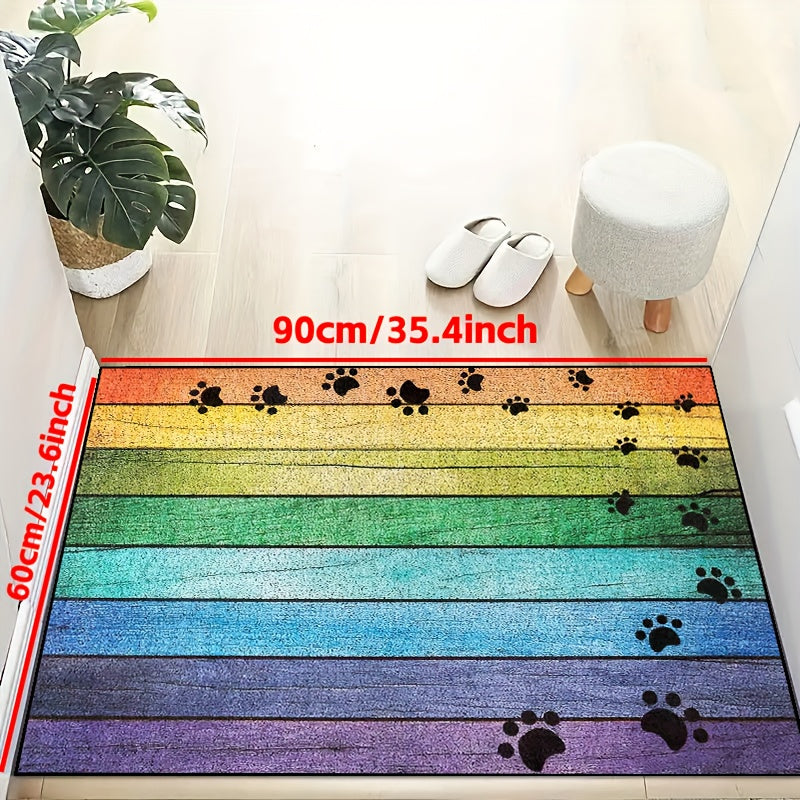 Rainbow Paw Print Wood Grain Welcome Doormat – Non-Slip, Washable, Absorbent