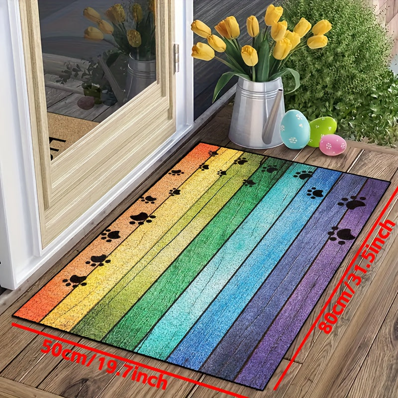 Rainbow Paw Print Wood Grain Welcome Doormat – Non-Slip, Washable, Absorbent