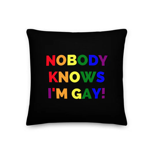 Nobody Knows I’m Gay Throw Pillow – Black Cushion with Rainbow Pride Text – LGBTQ Home Décor