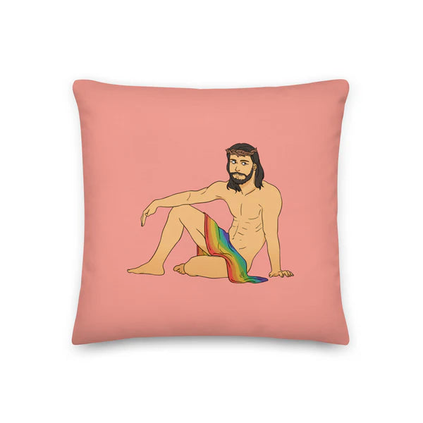 Gay Jesus Throw Pillow – Pink Cushion with Rainbow Pride Art – Bold LGBTQ Home Décor