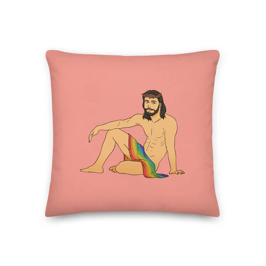Gay Jesus Throw Pillow – Pink Cushion with Rainbow Pride Art – Bold LGBTQ Home Décor