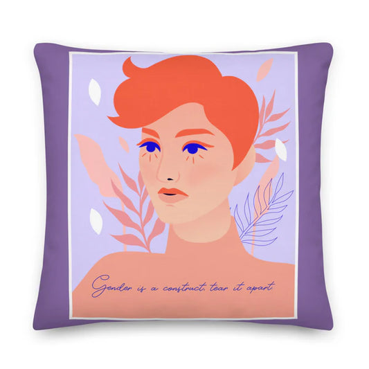 Gender Expression Throw Pillow – Purple Cushion with Bold Portrait & “Gender Is a Construct” Quote – LGBTQ Pride Home Décor