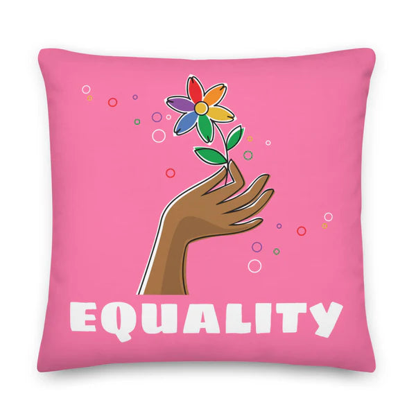 Equality Throw Pillow – Pink Cushion with Rainbow Flower & Inclusive Hand Design – LGBTQ Pride Home Décor