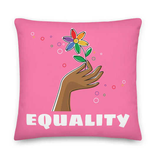 Equality Throw Pillow – Pink Cushion with Rainbow Flower & Inclusive Hand Design – LGBTQ Pride Home Décor