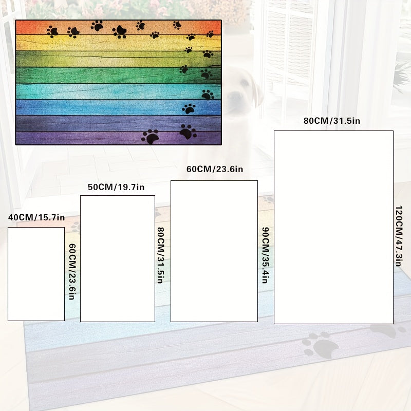 Rainbow Paw Print Wood Grain Welcome Doormat – Non-Slip, Washable, Absorbent