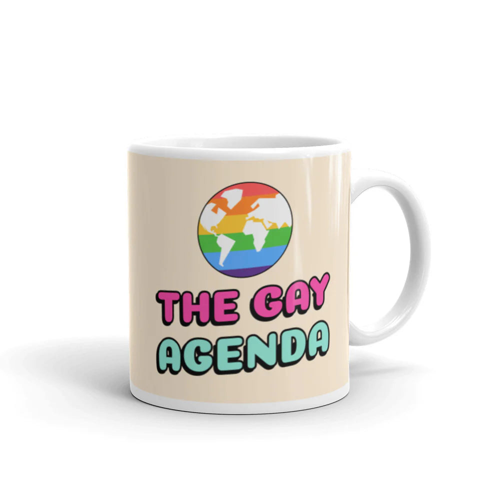 The Gay Agenda Mug – Funny LGBTQ Pride Coffee Cup with Rainbow World Map, 11oz Ceramic Gift