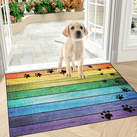 Rainbow Paw Print Wood Grain Welcome Doormat – Non-Slip, Washable, Absorbent